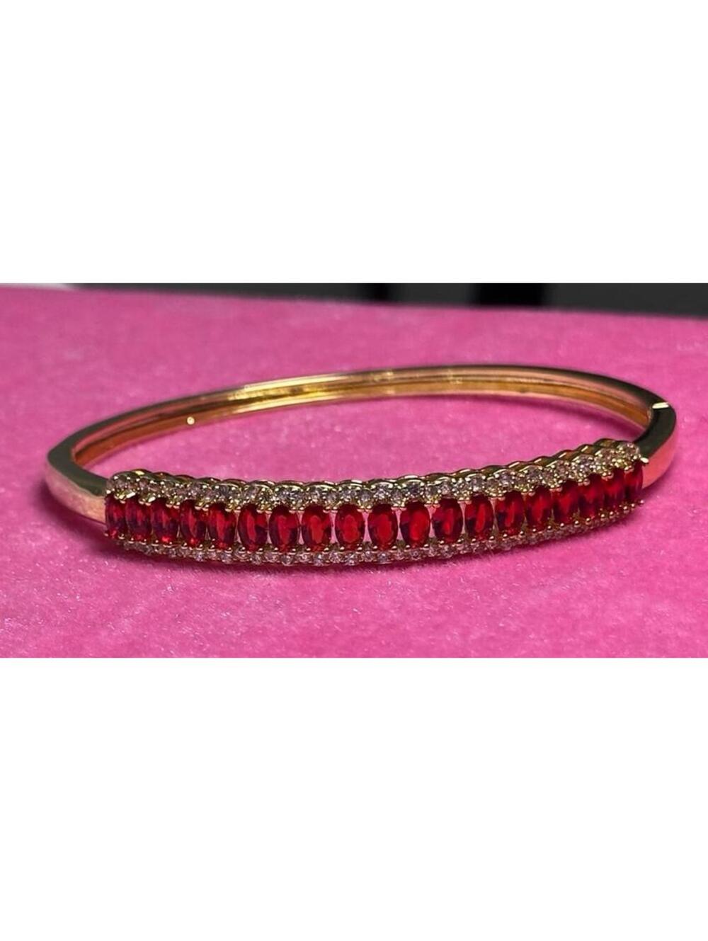 Bangle Bracelet with manmade rubies diamonds gold wash hinged EUC
